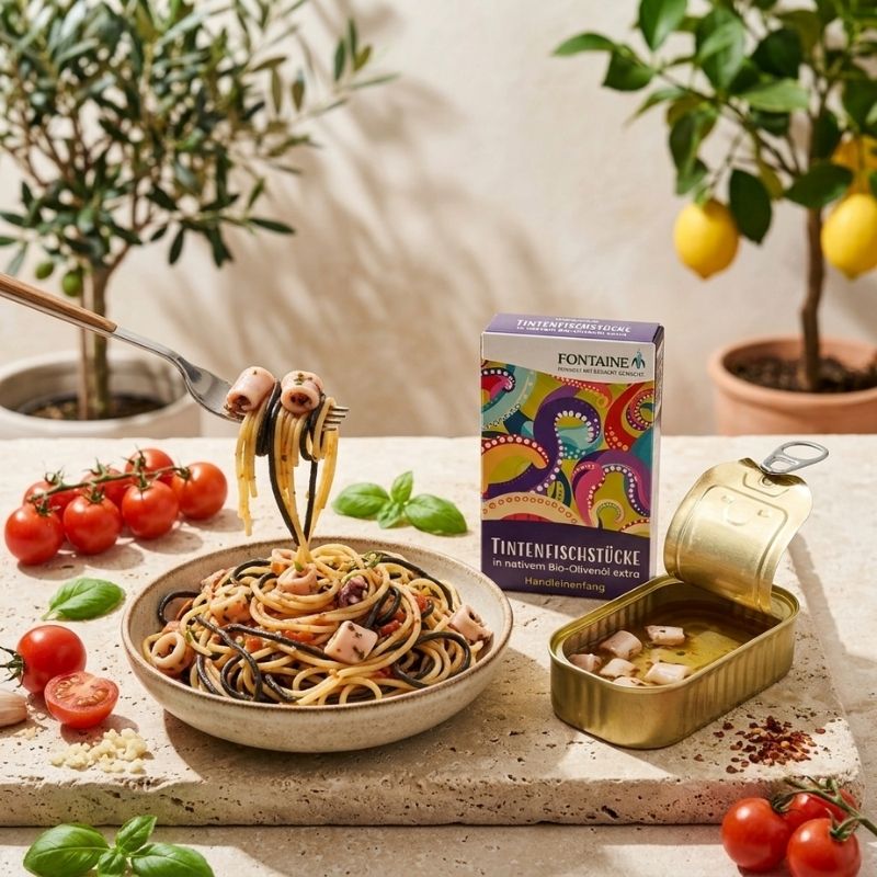 An open tin can next to a bowl of prepared pasta with tomatoes, basil, and a box of Fontaine Squid Pieces in Organic Olive Oil - 120g on a stone surface, with potted plants in the background.