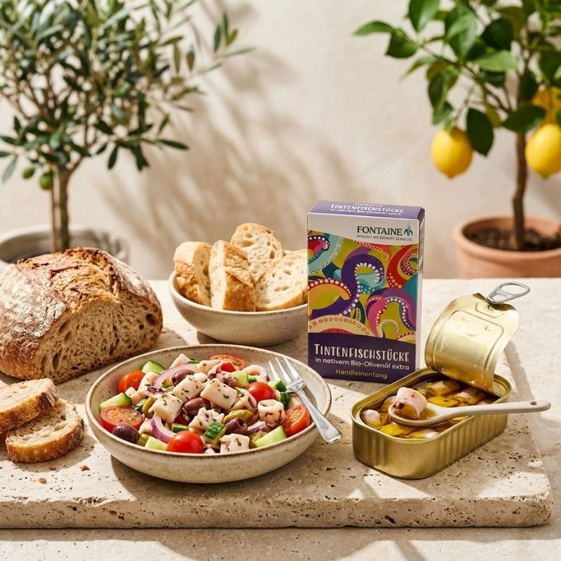 Fontaine Squid Pieces in Organic Olive Oil - 120g in a colorful box, shown next to an open tin of squid in organic olive oil with a spoon, a bowl of salad, sliced bread, and potted lemon trees in a bright kitchen setting.