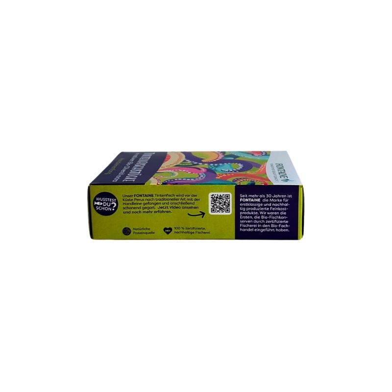 Fontaine Squid Pieces in Organic Olive Oil - 120g product box shown from the side on a plain white background. The box has a dark navy top section, a bright yellow-green lower band, and a colorful abstract pattern in the center.