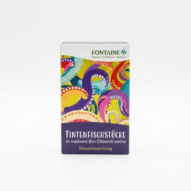Fontaine Squid Pieces in Organic Olive Oil - 120g., shown in its colorful packaging box against a plain white background.