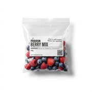 A clear pouch of Frozen Berry Mix - 150g with a white label reading 'FROZEN BERRY MIX' and showing mixed berries visible through the transparent packaging, on a white background.