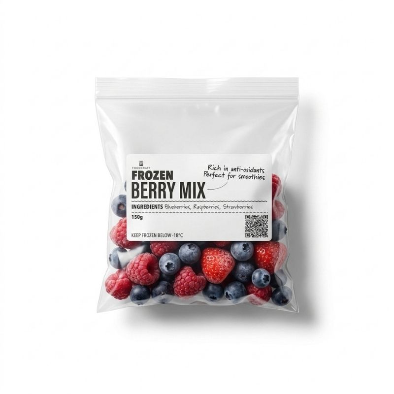 A clear pouch of Frozen Berry Mix - 150g with a white label reading 'FROZEN BERRY MIX' and showing mixed berries visible through the transparent packaging, on a white background.