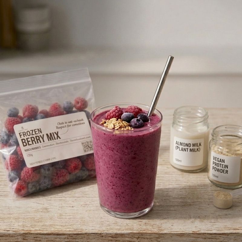 Frozen Berry Mix - 150g in a clear bag shown next to a glass of purple frozen smoothie topped with berries and granola, with almond milk and vegan protein powder jars on a wooden tabletop.