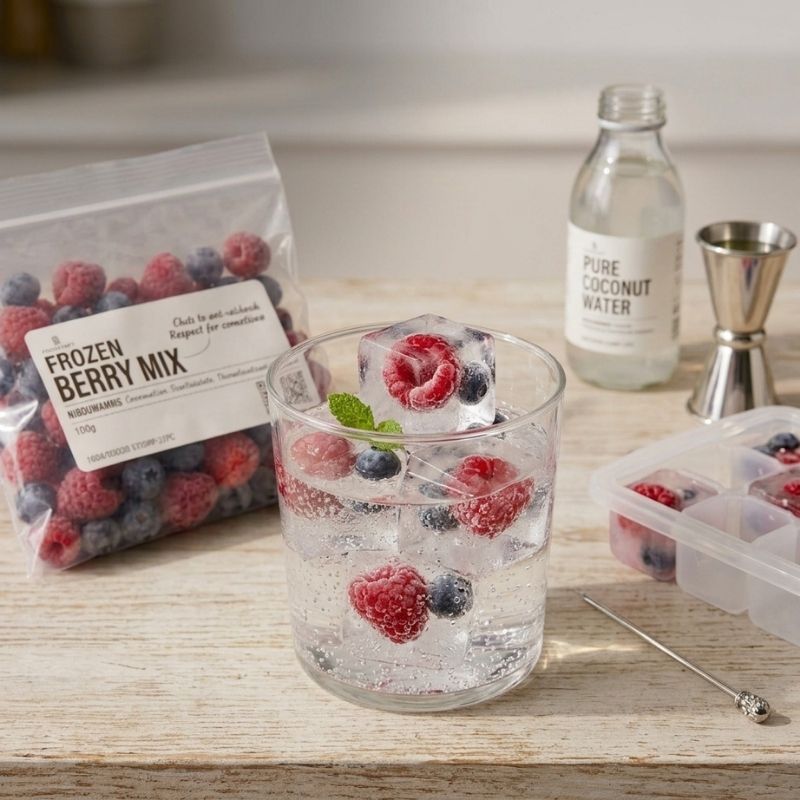Frozen Berry Mix - 150g in a clear bag placed on a light wood surface beside a glass of sparkling drink with ice, raspberries, blueberries, and mint. A bottle labeled pure coconut water, a metal jigger, and a small ice tray are also visible.