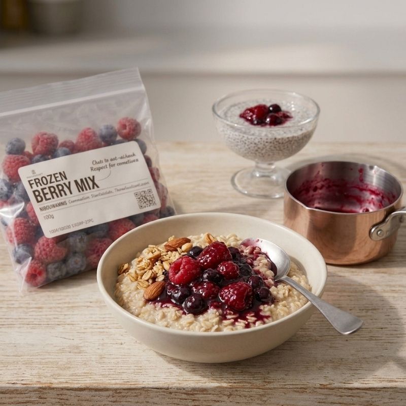 Frozen Berry Mix - 150g in a clear bag shown next to a bowl of oatmeal topped with fresh berries, a glass bowl of chia pudding, and a copper pot on a wooden table.