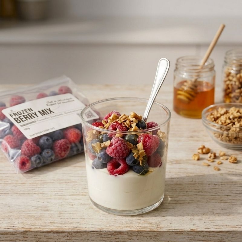Frozen Berry Mix - 150g in a clear plastic bag placed on a wooden table beside a glass of yogurt topped with berries, granola, and a spoon. Honey jars and bowls of granola are visible in the background.