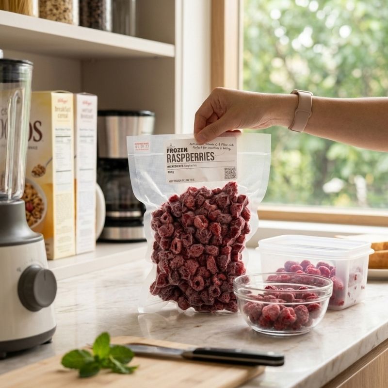 A hand holds a bag of Foodcraft Frozen Raspberries - 500g on a kitchen counter, with a bowl and container of raspberries nearby and kitchen appliances in the background.