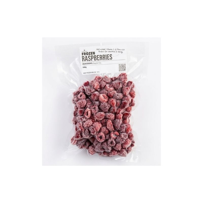 A clear plastic bag of Foodcraft Frozen Raspberries - 500g with a white label reading 'FROZEN RASPBERRIES' on a plain white background.