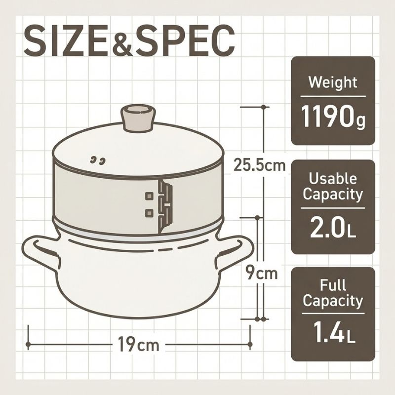 Fuji Horo 2-Way Enamel Pot with Bamboo Steamer - 18cm. Size and Spec