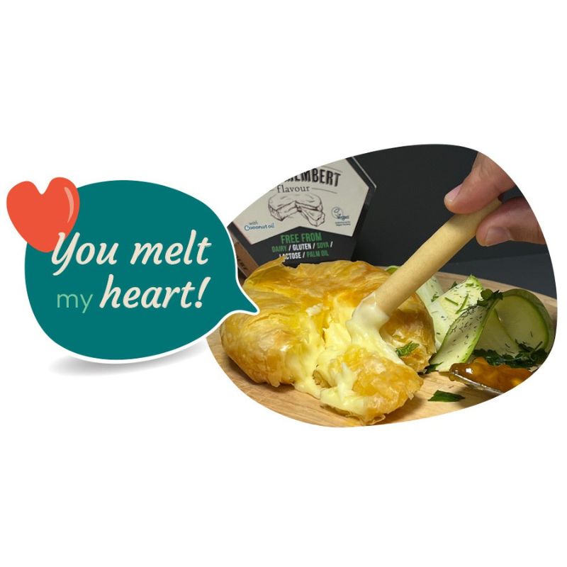 GREEN VIE Block with Camembert flavour (Plant Based) - 200g with a spoon, text 'You melt my heart!'.