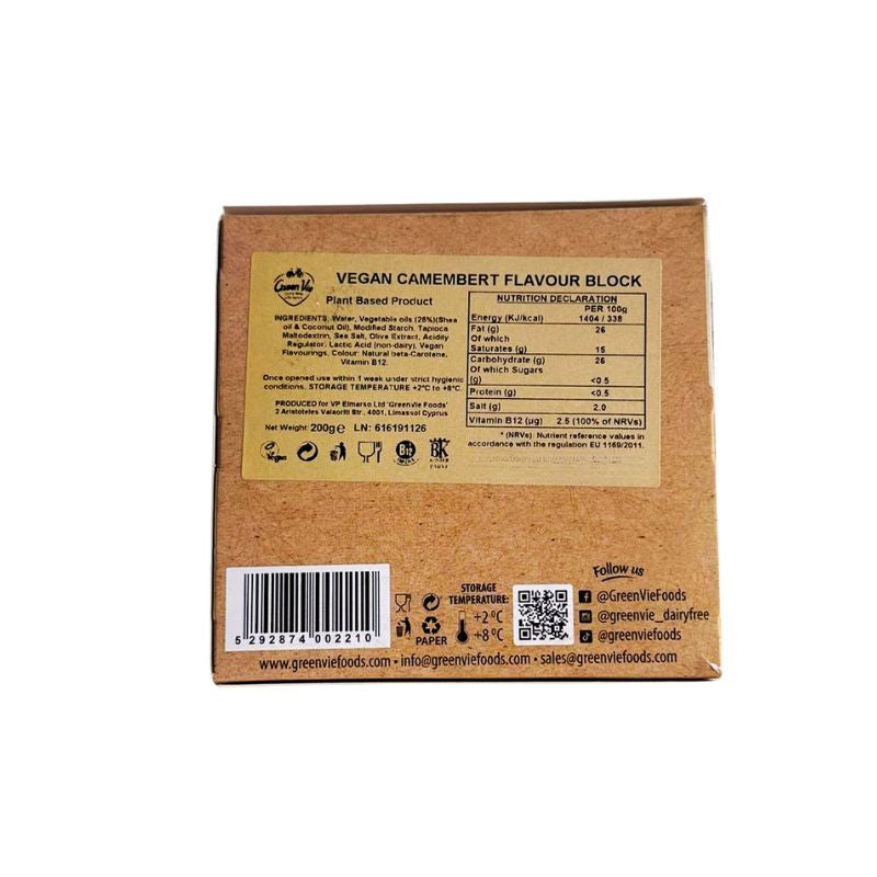 Back of GREEN VIE Block with Camembert flavour (Plant Based) - 200g with text and labels on a white background