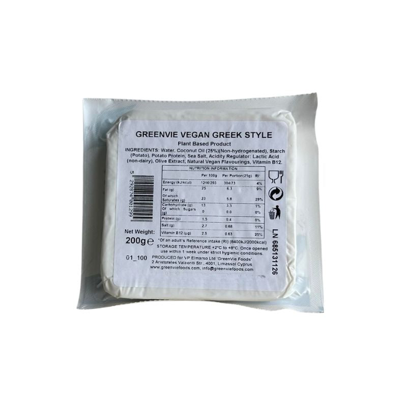 GREEN VIE Greek Style Feta Cheese (Plant Based) - 200g with a label on a white background