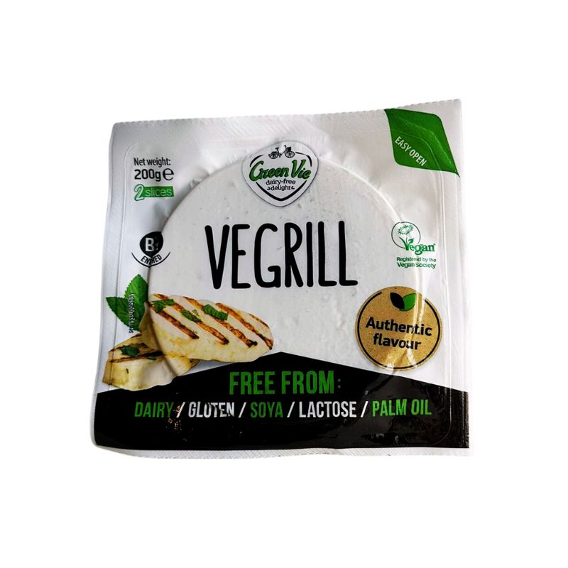 GREEN VIE Plant Based Cheese Vegrill with branding and product details on a white background