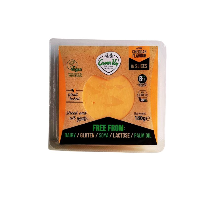 GREEN VIE Vegan Cheddar Flavour Slices with visible branding on a white background
