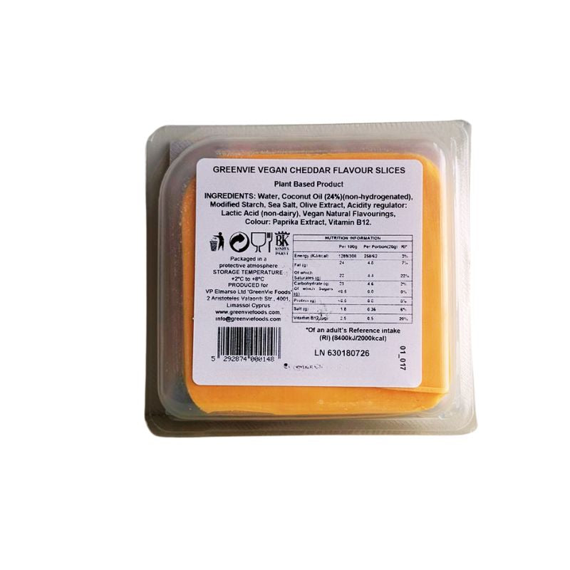 Packaged GREEN VIE Vegan Cheddar Flavour Slices with label on a white background