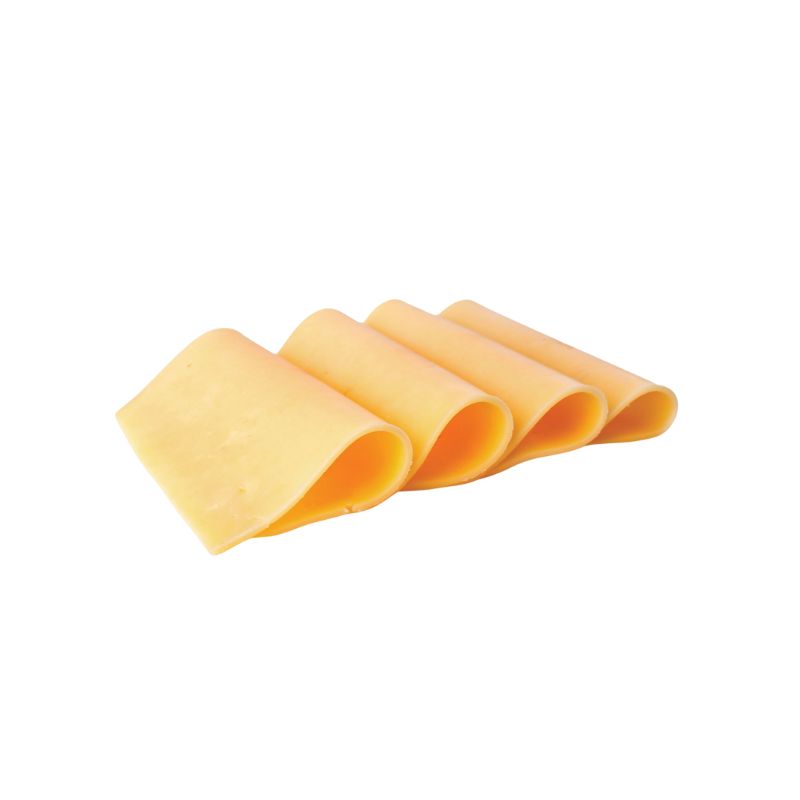 Five slices of GREEN VIE Vegan Cheddar Flavour Slices on a white background