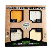 GREEN VIE Vegan Cheese Gourmet Festive Platter with cheese types and Green Vie logo.