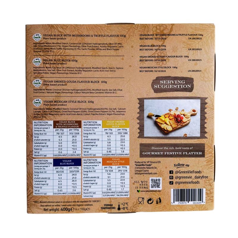 Back of GREEN VIE Vegan Cheese Gourmet Festive Platter with text, images, and nutritional information.