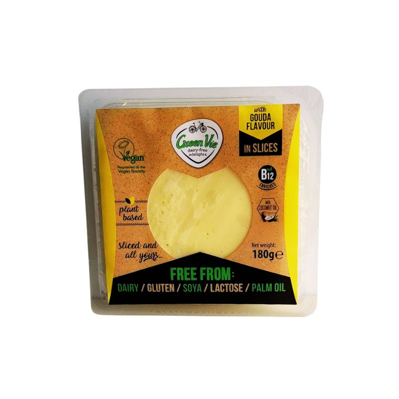 GREEN VIE Vegan Gouda Flavour Slices with Gouda flavor on a white background