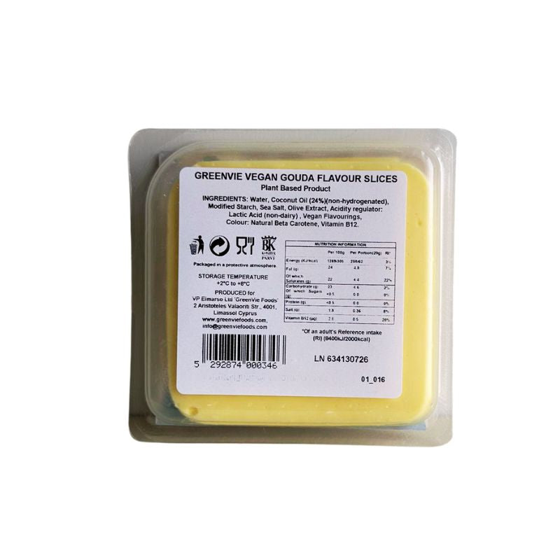 GREEN VIE Vegan Gouda Flavour Slices with label on a white background
