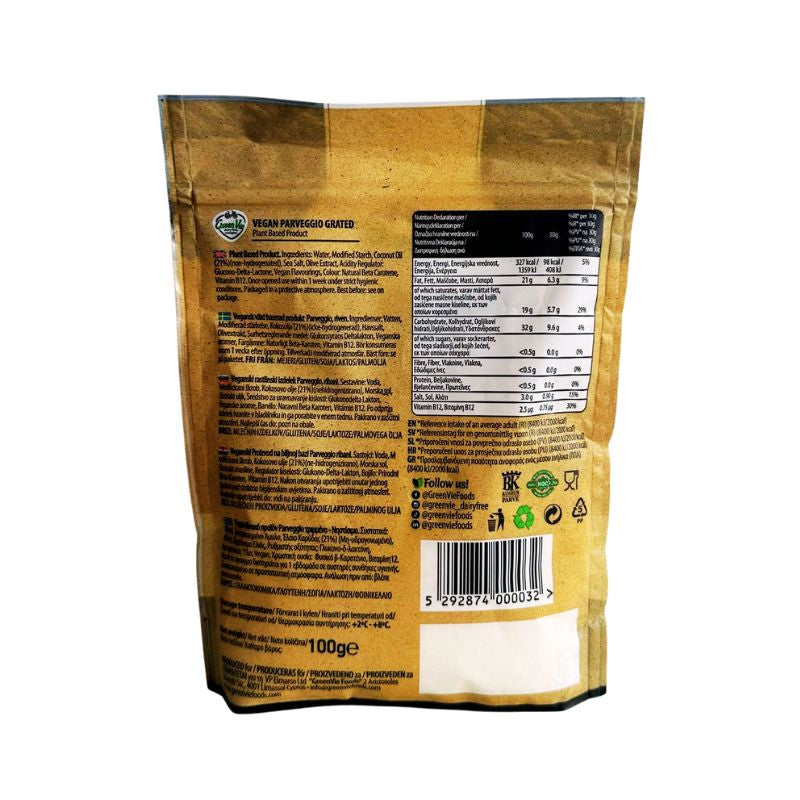 Back view of GREEN VIE Vegan Mozzarella Flavour Grated with text and labels on a white background