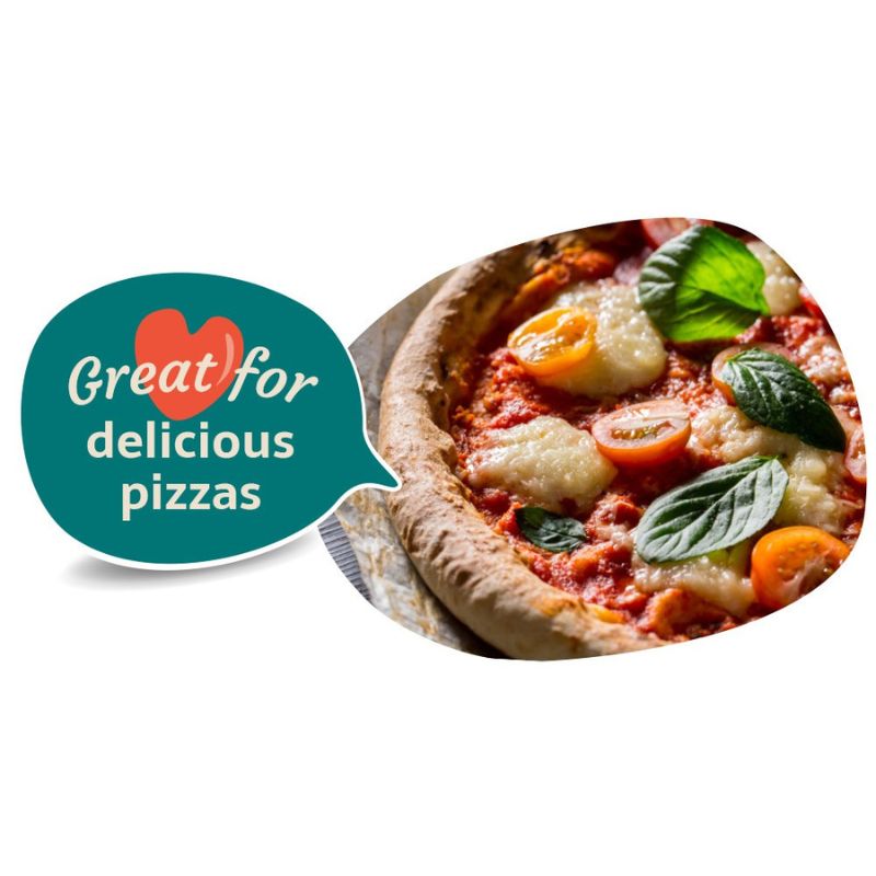 Pizza with GREEN VIE Vegan Mozzarella Flavour Grated, vegetables and a speech bubble saying 'Great for delicious pizzas' on a white background