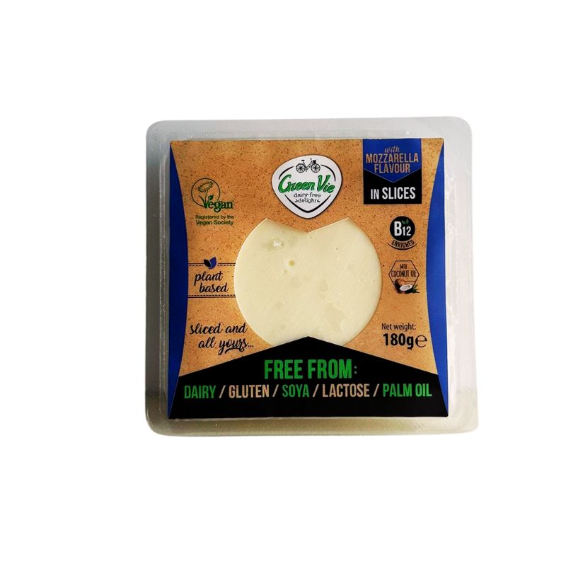 GREEN VIE Vegan Mozzarella Flavour slices on a white background