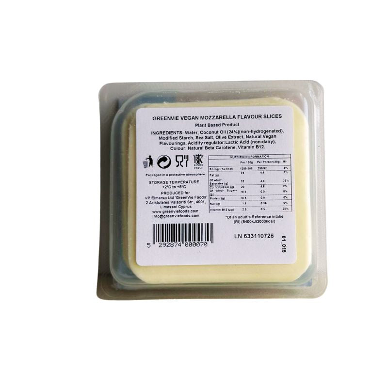 GREEN VIE Vegan Mozzarella Flavour slices with a label on a white background
