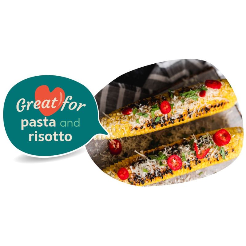 Corn on a black plate with GREEN VIE Vegan Parveggio Grated  and text 'Great for pasta and risotto' on a white background