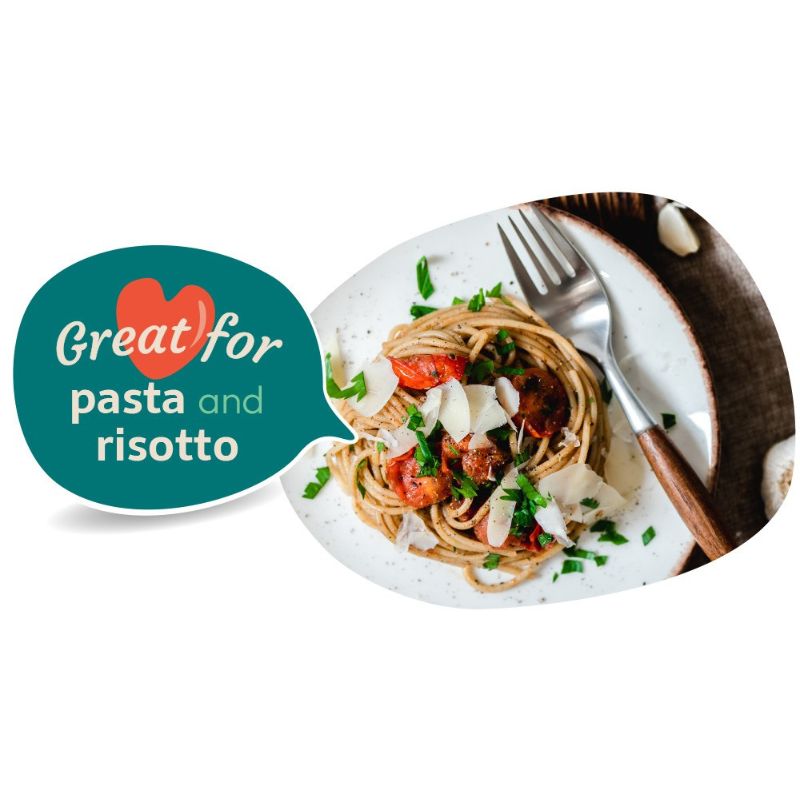 Plate of pasta with GREEN VIE Vegan Parveggio Wedge and a fork and text 'Great for pasta and risotto' on a white background