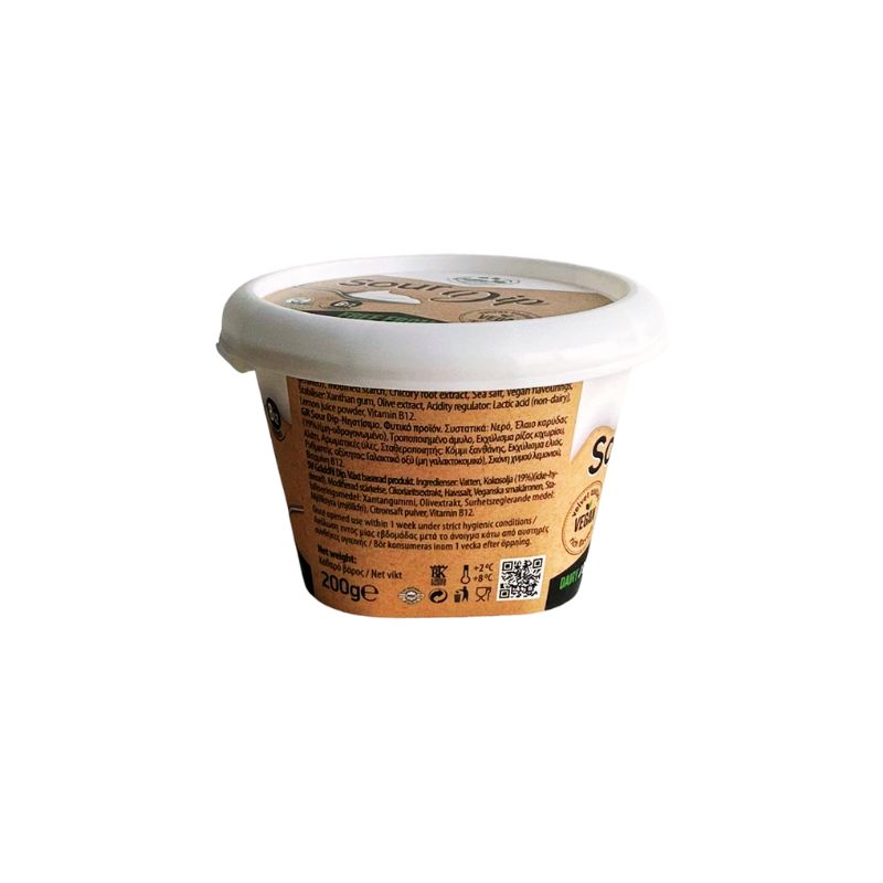 Container of GREEN VIE Vegan Sour Cream with a white lid on a white background