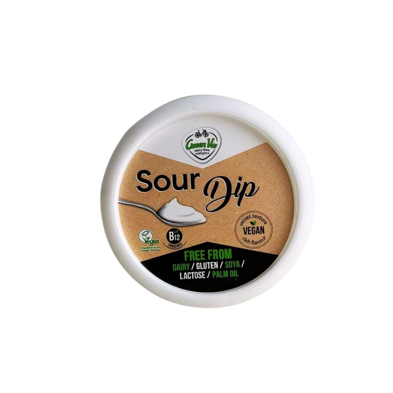 Container of GREEN VIE Vegan Sour Cream with branding and ingredient information on a white background