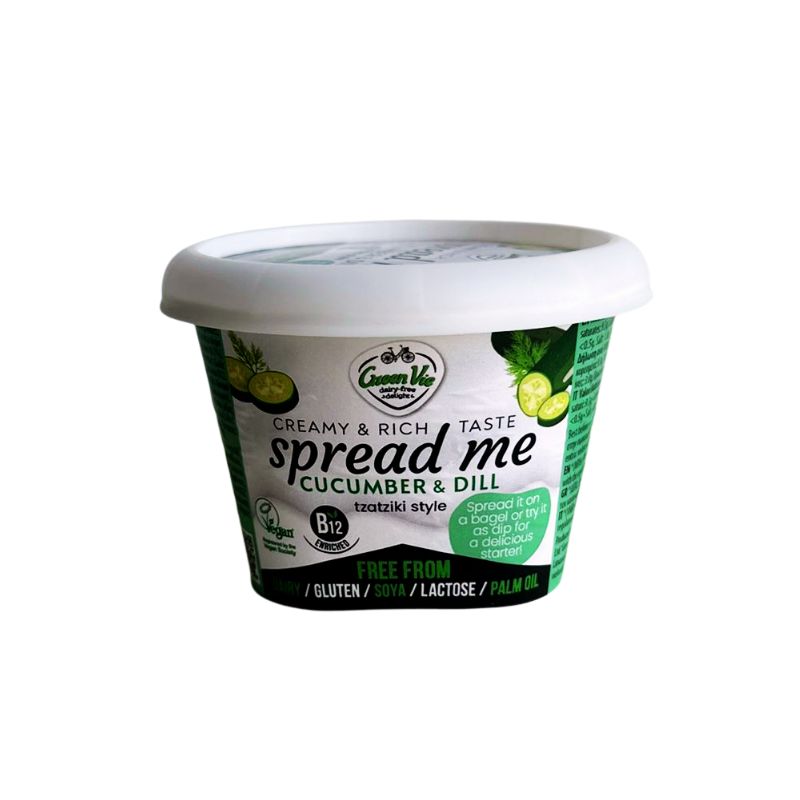 Container of GREEN VIE Vegan Spread Me with Tzatziki Flavour on a white background