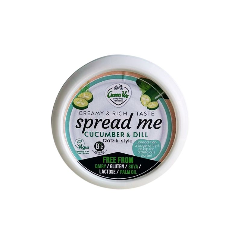 Tub of GREEN VIE Vegan Spread Me with Tzatziki Flavour on a white background