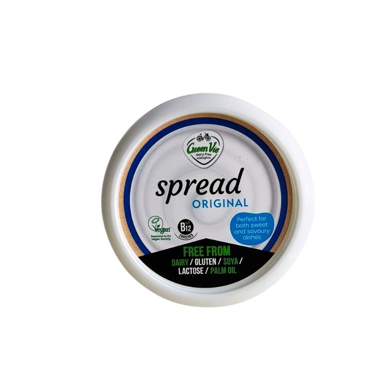 Container of GREEN VIE Vegan Spread me Original with visible branding and product details on a white background