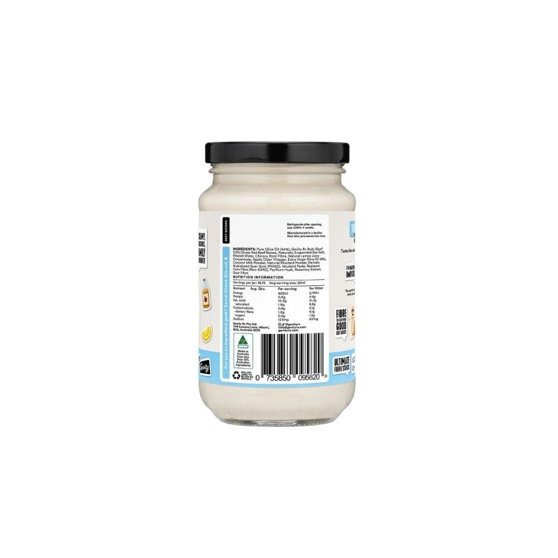 Back view of Gevity Body Glue Original Great Guts Mayo - 375ml jar containing a white spread, with a black lid and a white label showing the ingredients and barcode.