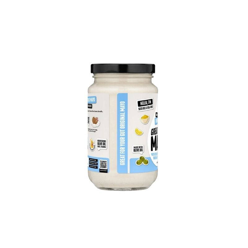 A glass jar of Gevity Body Glue Original Great Guts Mayo - 375ml with a black lid and a white label featuring blue and yellow accents, shown on a plain white background.