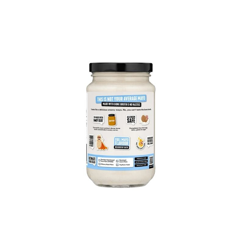 A jar of Gevity Body Glue Original Great Guts Mayo - 375ml on a plain white background. The jar is clear glass showing the off-white mayo inside, has a black lid, and features a white label with blue and black text and graphics.