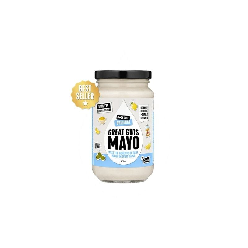 A jar of Gevity Body Glue Original Great Guts Mayo - 375ml on a white background, featuring a gold 'Best Seller' badge overlay on the left side.