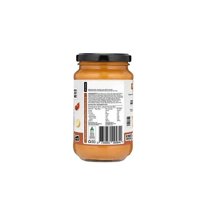A glass jar of Gevity Body Glue Smoky BBQ Great Guts Mayo - 375ml with a black lid and a white label showing the back nutrition panel, isolated on a white background.