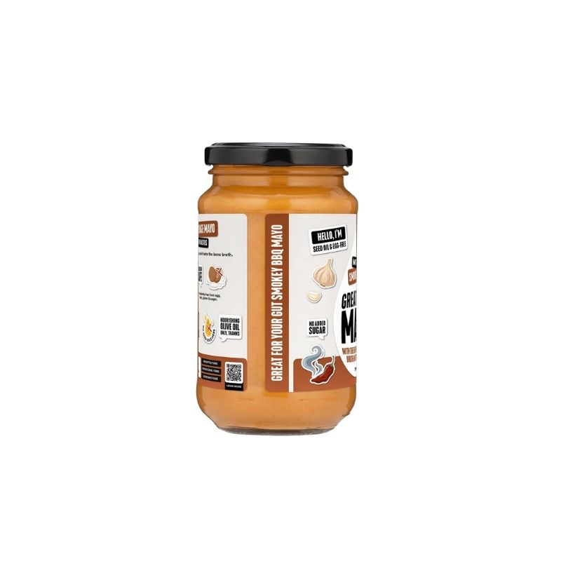 A glass jar of Gevity Body Glue Smoky BBQ Great Guts Mayo - 375ml, featuring a black lid and a white label with brown accents, set against a plain white background.
