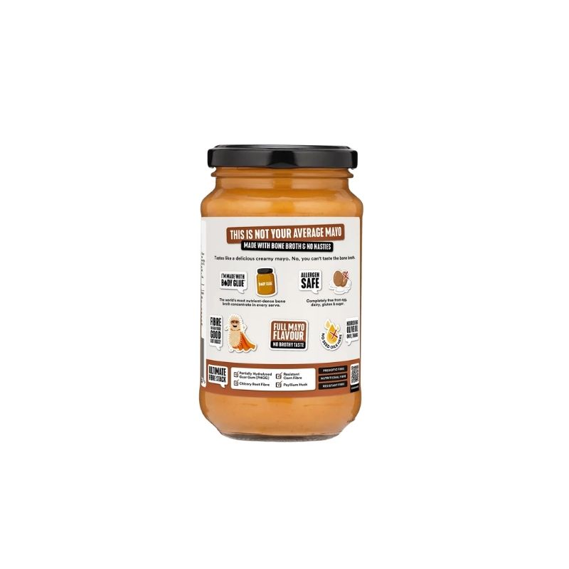 A jar of Gevity Body Glue Smoky BBQ Great Guts Mayo - 375ml with a black lid and a white label featuring brown text and graphics, set against a plain white background.
