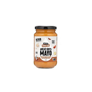 A glass jar of Gevity Body Glue Smoky BBQ Great Guts Mayo - 375ml on a solid white background, featuring a black lid and a white label with brown accents.