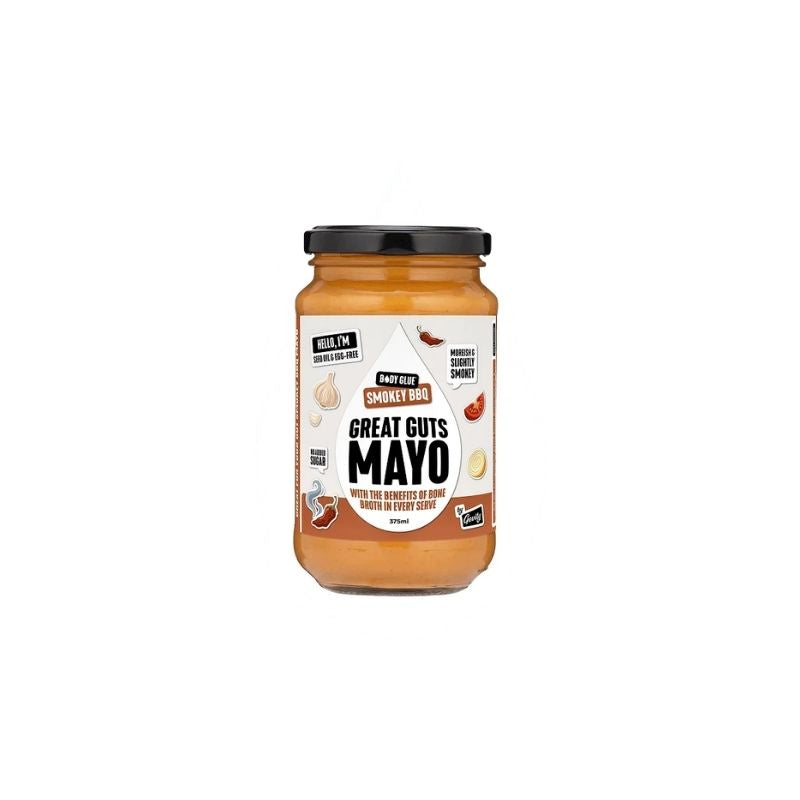 A glass jar of Gevity Body Glue Smoky BBQ Great Guts Mayo - 375ml on a solid white background, featuring a black lid and a white label with brown accents.