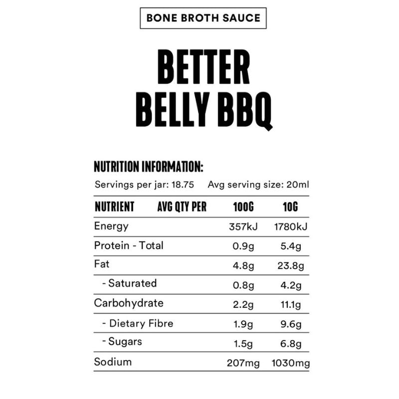 Nutrition information label for Better Belly BBQ Bone Broth Sauce