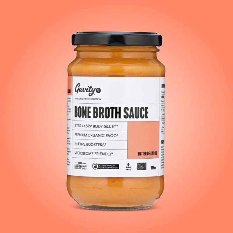 Jar of Gevity Rx Bone Broth Sauce Better Belly BBQ® – Sugar Free BBQ Sauce on a peach background