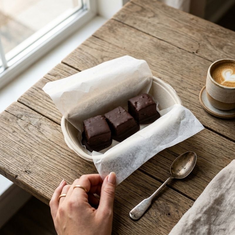 Three Gluten Free Keto Dark Chocolate Coated Lemon Poppy Seed Cakes on parchment paper inside a paper container on a rustic wooden table, with a hand reaching in, a spoon, and a cup of coffee nearby.
