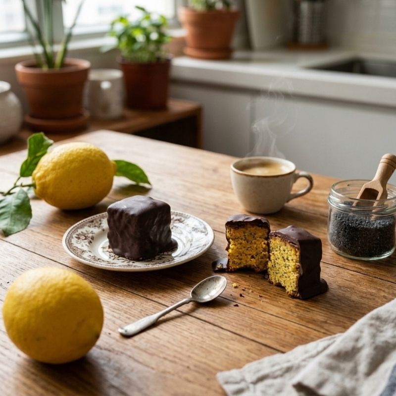 A rustic kitchen scene with Gluten Free Keto Dark Chocolate Coated Lemon Poppy Seed Cake and a whole lemon on a wooden table, alongside a cup of coffee, a spoon, and a jar of dark seeds or spices. The cake has a dark chocolate frosting top and a yellow sponge interior.