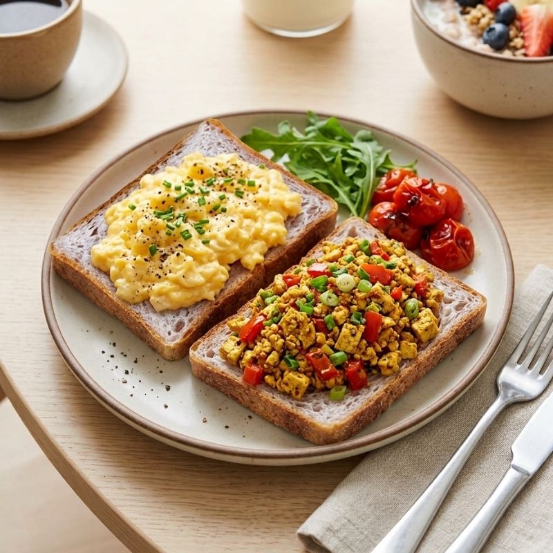 Two slices of Gluten Free Sandwich Bread toast topped with scrambled eggs and a colorful vegetable and tofu scramble, served on a beige plate with arugula and roasted tomatoes, set on a light wood table with a fork, knife, and cups in the background.