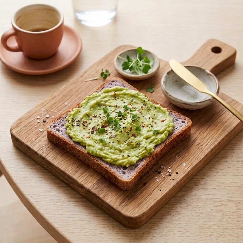 A slice of Gluten Free Sandwich Bread toast topped with mashed avocado and herbs, served on a wooden cutting board with small bowls, a cup of coffee, and a glass on a light wood table.